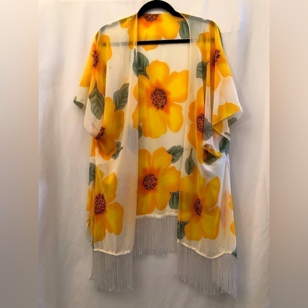 Sax Sunflower Kimono Yellow White Fringe Trim Open Front Coverup One Size